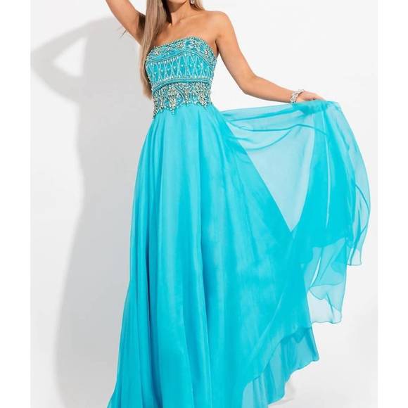 NEW RACHEL ALLAN strapless embellished chiffon gown in aqua